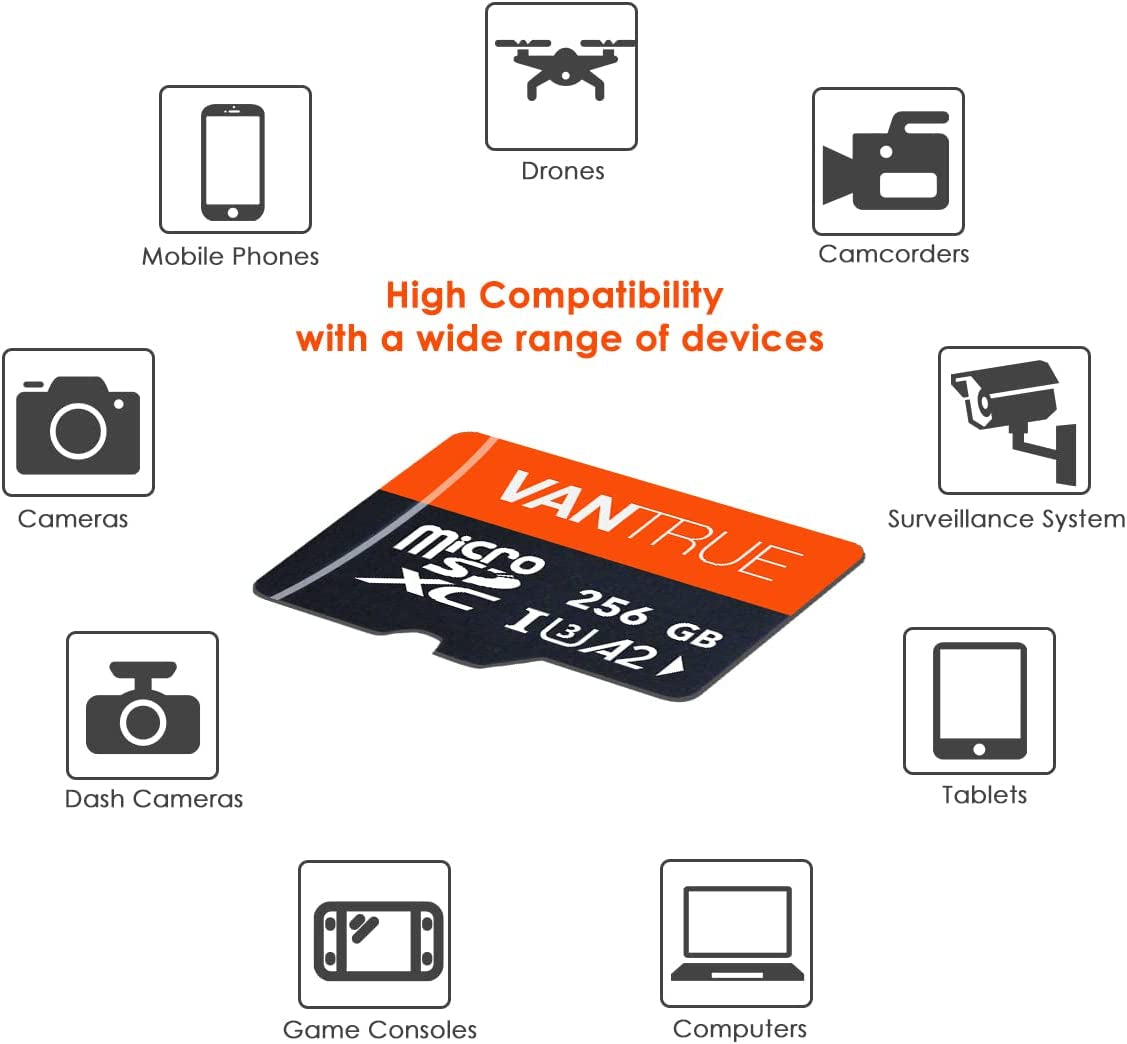 256GB Microsdxc UHS-I U3 4K UHD Video High Speed Transfer Monitoring SD Card with Adapter for Dash Cams, Body Cams, Action Camera, Surveillance & Security Cams